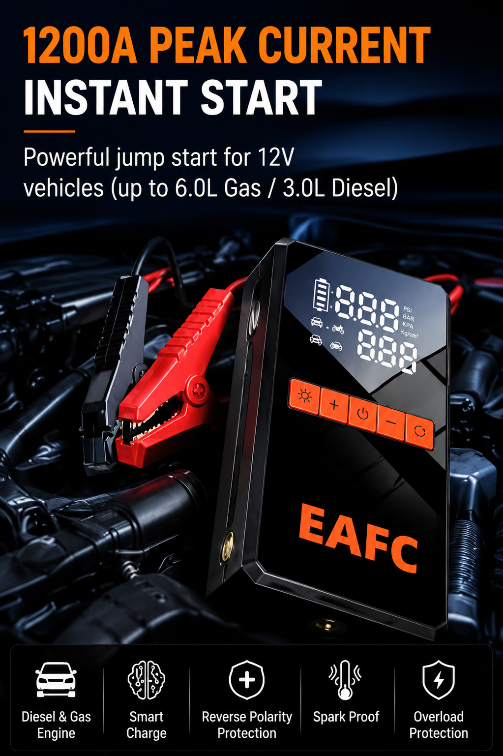Portable 1200A Car Jump Starter with Air Compressor – 150 PSI Smart Tire Inflator