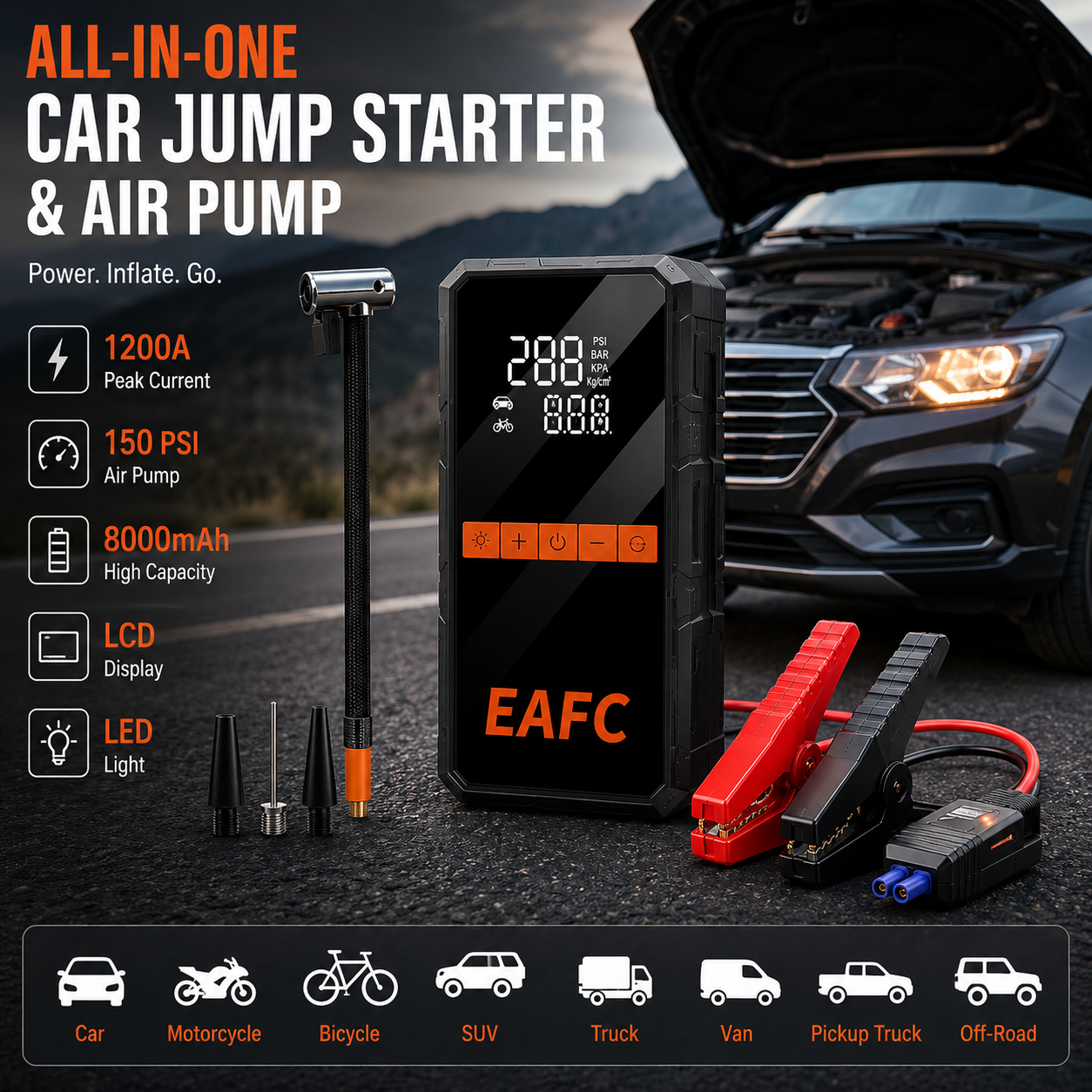 Portable 1200A Car Jump Starter with Air Compressor – 150 PSI Smart Tire Inflator